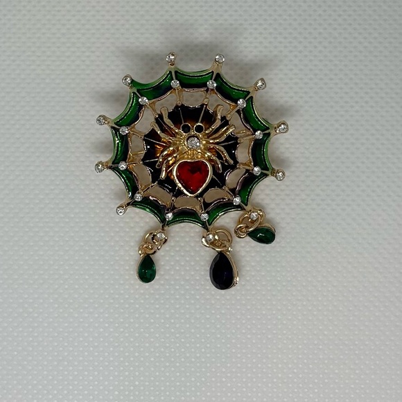 Unsigned Jewelry - Gothic Halloween Spiderweb Brooch | Enameled Green Red Crystal Spider Dangles